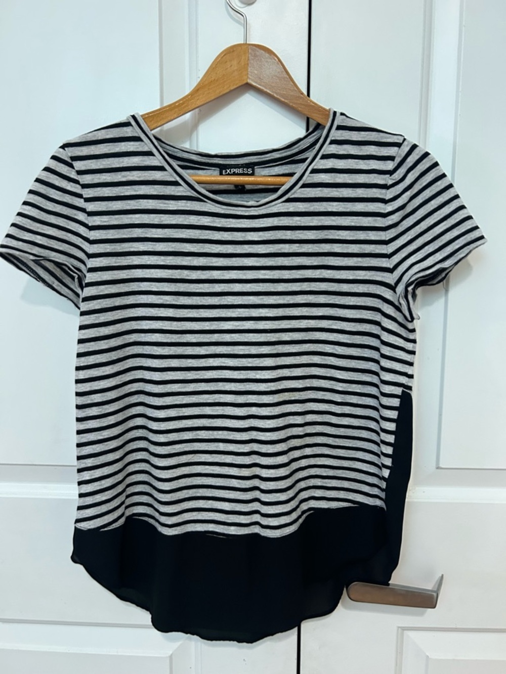 Express Black and White Striped Long Sleeve-Inspired Top with Solid Black Hem